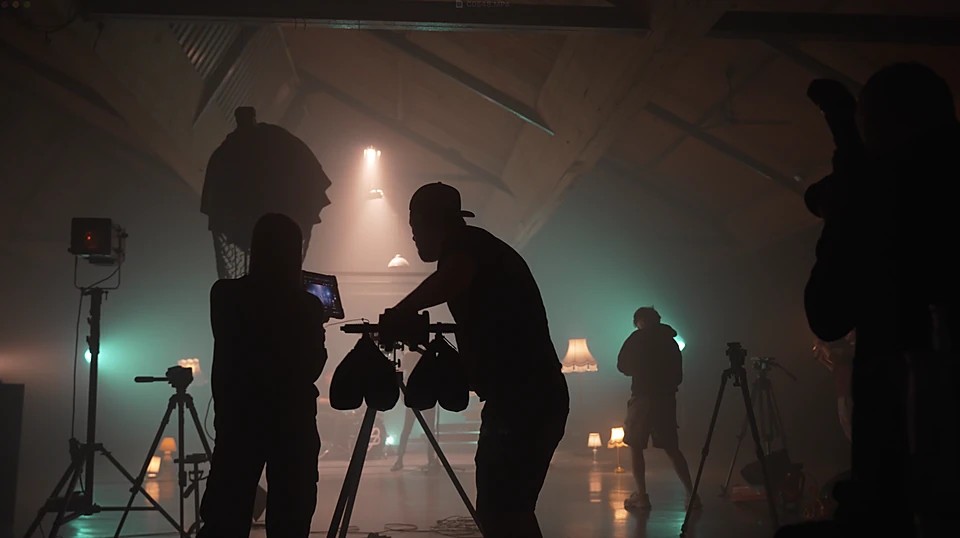 Behind the scenes on a cinematic brand film shoot, crew operating the camera on set