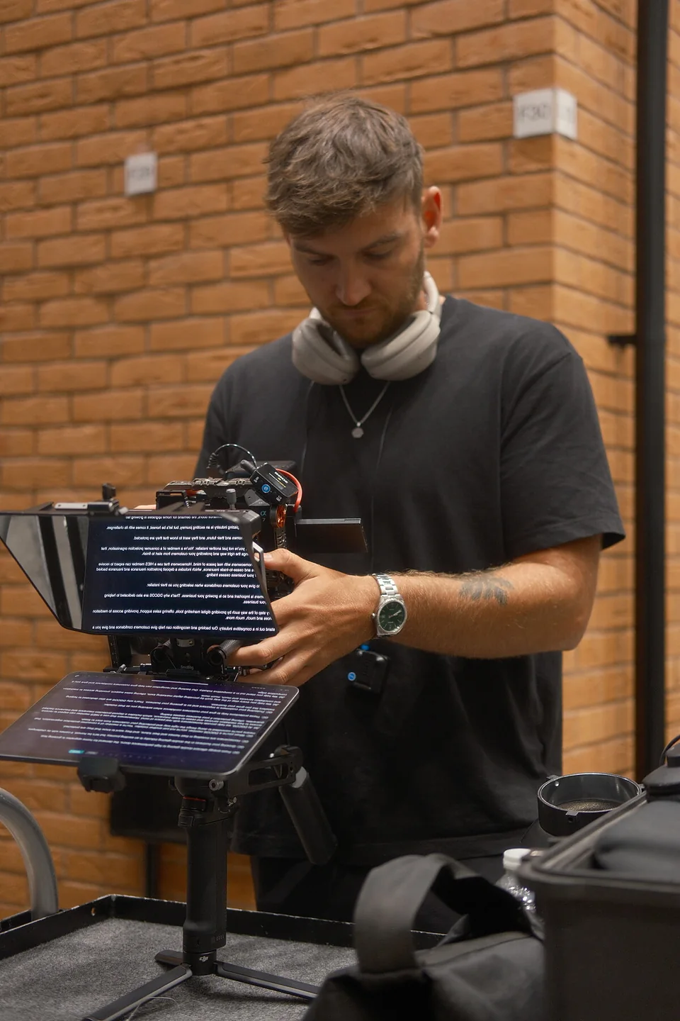 Reviewing a shot on the monitor during a video shoot